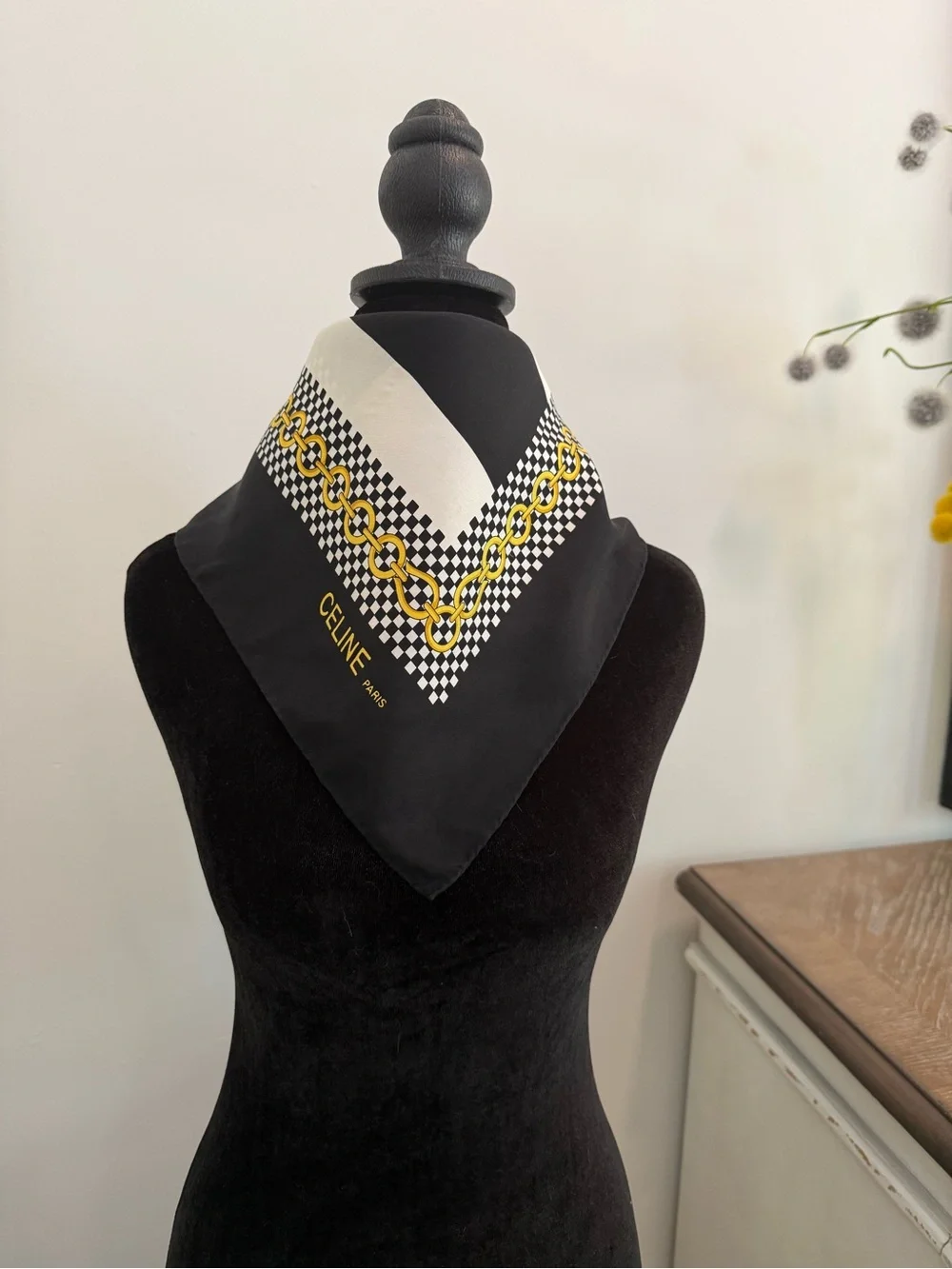 Celine Silk Scarf Navy White Yellow Hand Rolled Made in France